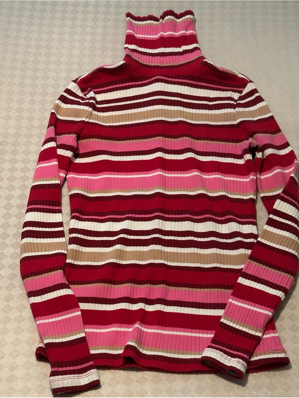Vineyard Vines Pink, Red, White & Tan Striped Ribbed Turtleneck Top